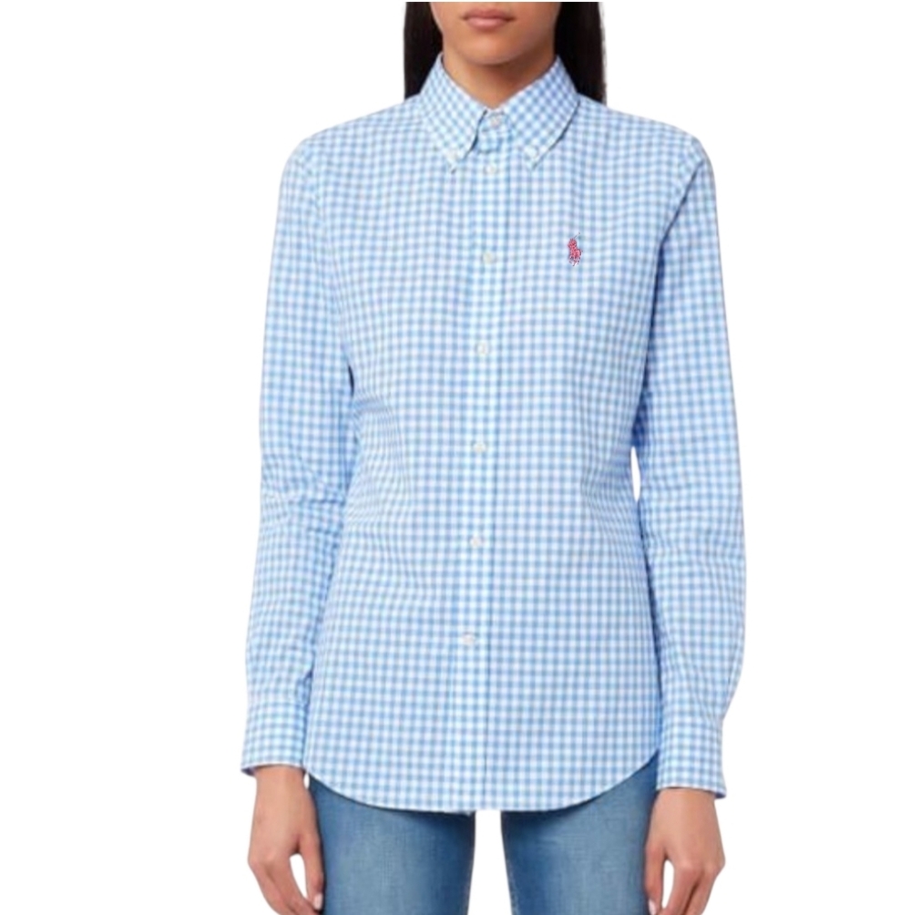 Ralph Lauren Lt Blue White Gingham Plaid Button Down Shirt, Small